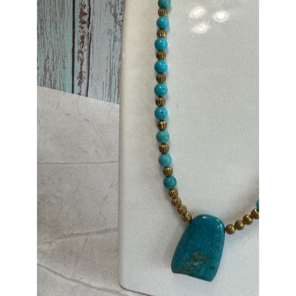 Southwestern Blue Phoenix Stone Faux Turquoise Brass Beaded Necklace - Picture 5 of 7